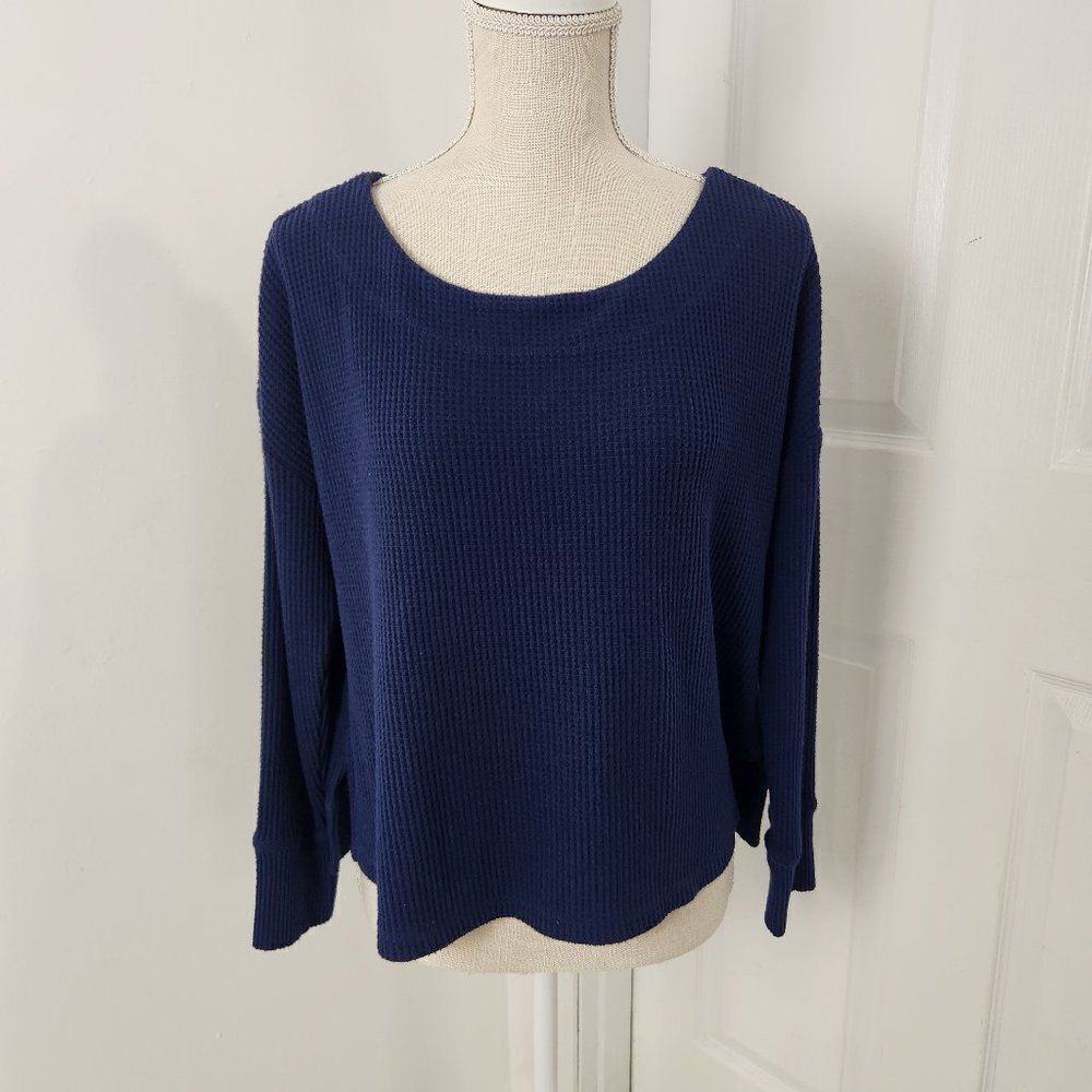 Saturday Sunday Anthropologie Sweater Womens S Blue Waffle Knit Short Side Slits